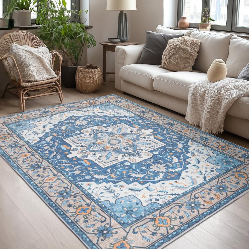 New 5x7 Blue Brown Boho Rug, Washable Soft Faux-Wool Vintage Medallion Carpet